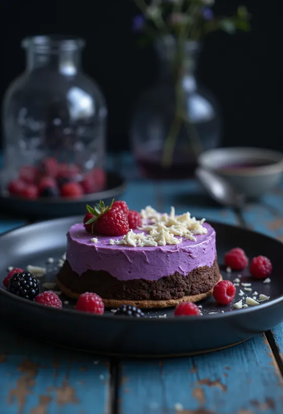 Berry mousse chocolate cake served with slices