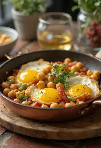 Chickpea Menemen served fresh with vegetables and eggs on top