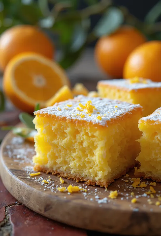 Orange slice with golden brown pastry and icing sugar
