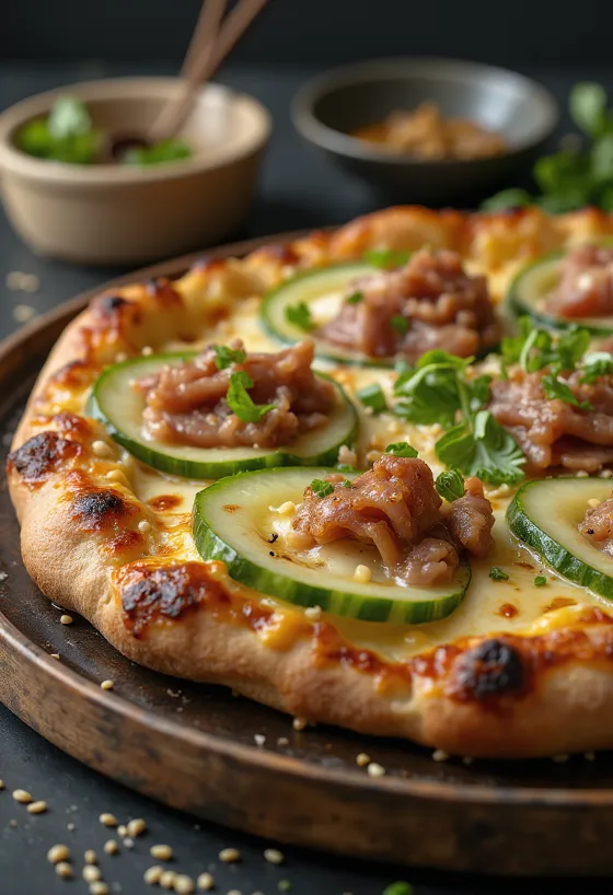 Peking Duck Pizza with Chinese duck and hoisin sauce