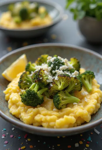 Creamy polenta served with roasted broccoli, with garlic flavouring