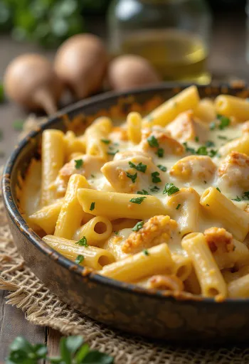 Creamy Chicken Pasta Bake served on a white plate with golden brown cheese layer.
