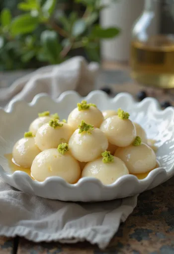 Rasgulla decorated with pistachios, served on an elegant plate.
