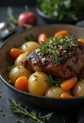 Roasted marmot meat served with root vegetables on a platter.