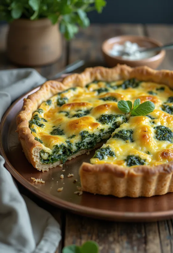 Spinach vegan quiche slices served