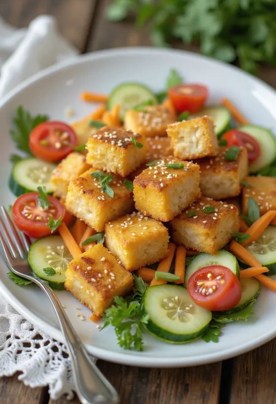 Baked tofu served with vegetable salad