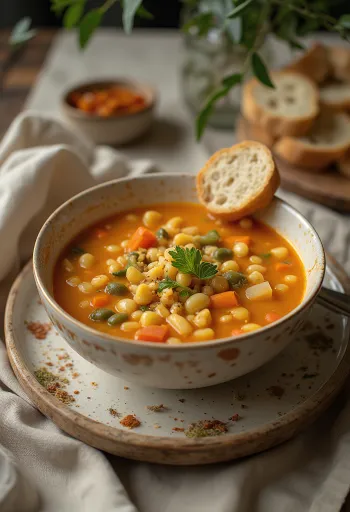 Egg barley soup in a steaming bowl, served with fresh vegetables.