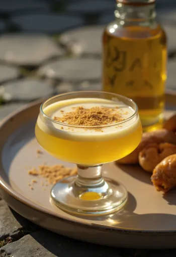 Homemade eggnog in a bottle, topped with grated nutmeg.