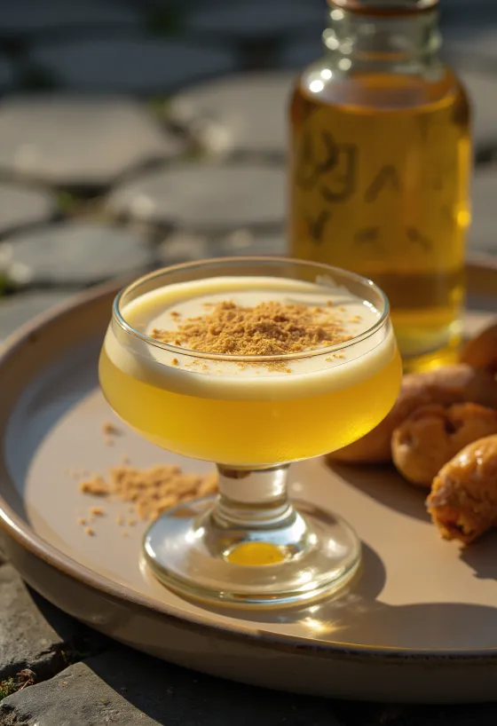 Homemade eggnog in a bottle, topped with grated nutmeg.