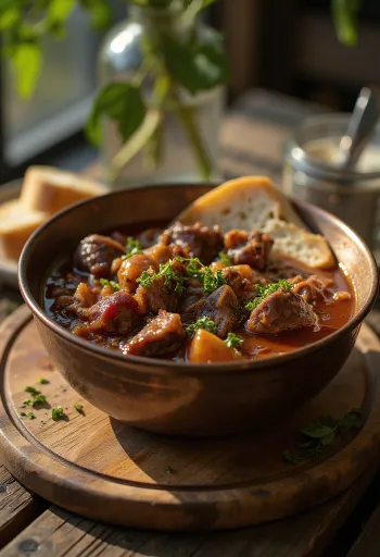 Wild boar stew with juicy meat pieces, served with potato garnish