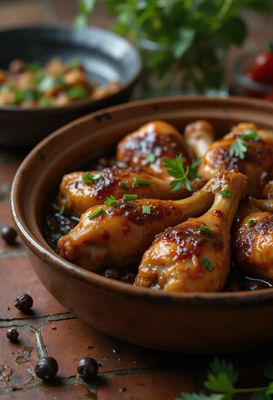 Chicken Adobo, served in soy sauce and vinegar sauce, garnished with fresh herbs