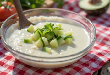Ajo blanco with cucumber, fresh and cold Spanish soup with almonds and cucumber