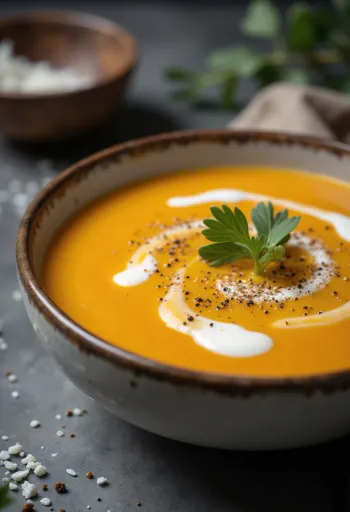 Sweet potato cream soup served with coconut milk and parsley