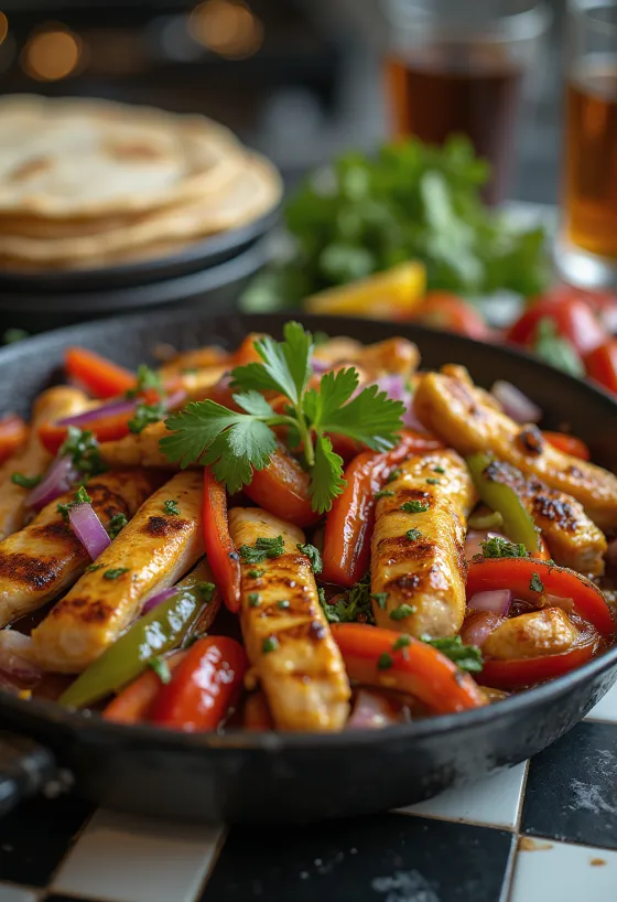 Chicken and pepper fajitas served