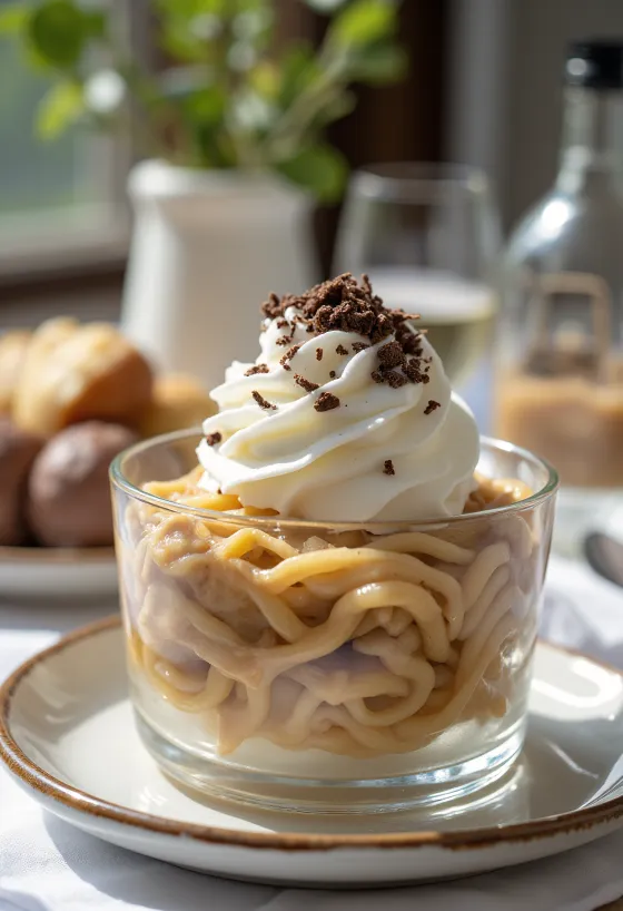 Chestnut purée decorated with whipped cream and grated chocolate
