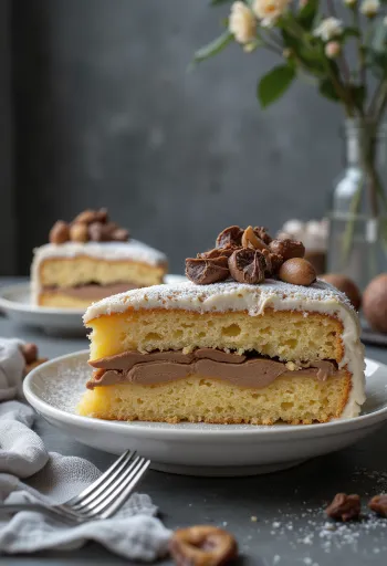 Chestnut cream cake sliced, decorated with chocolate