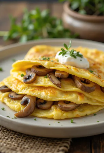 Mushroom omelette with sour cream, served in a pan