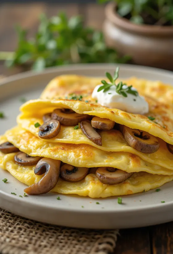 Mushroom omelette with sour cream, served in a pan