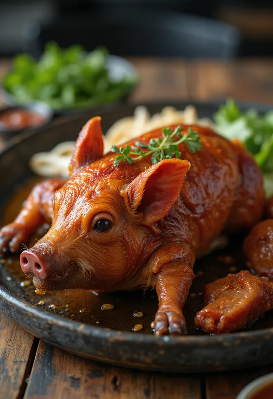 Lechon, roast pig with crispy skin served on a platter