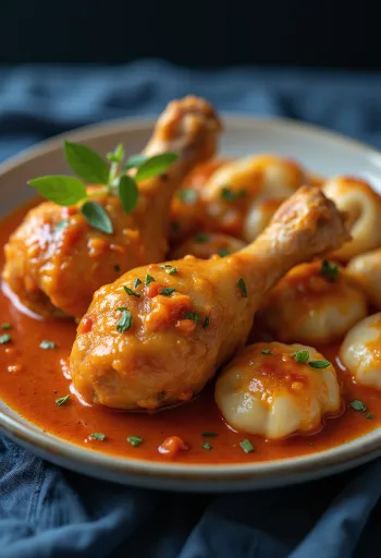 Juicy paprika chicken thighs in sour cream paprika sauce, served on a white plate.