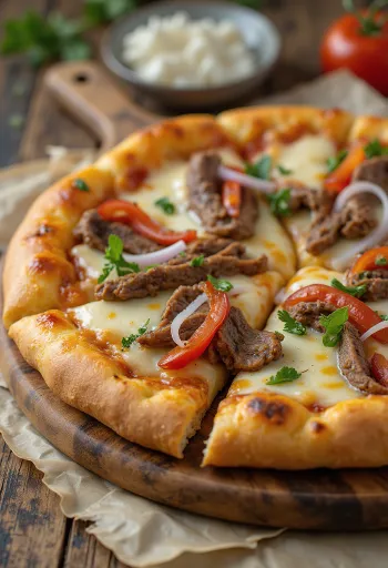 Philly cheesesteak pizza with steak slices and peppers