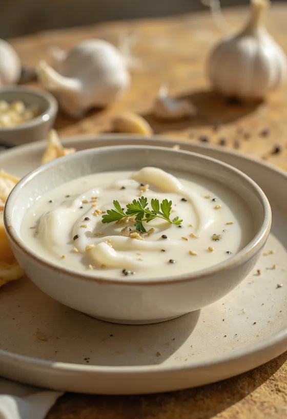 Creamy rosemary and garlic sauce in a bowl, served with fresh rosemary and toasted bread.