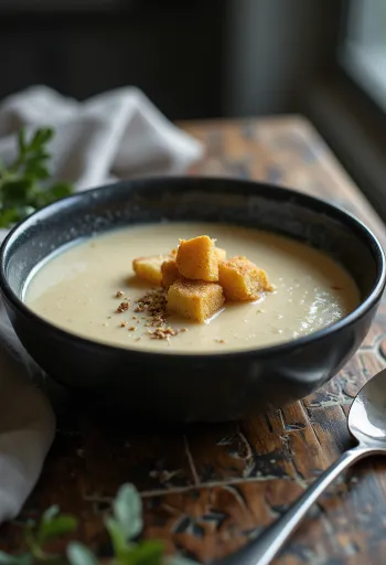 Roasted celeriac soup served with croutons