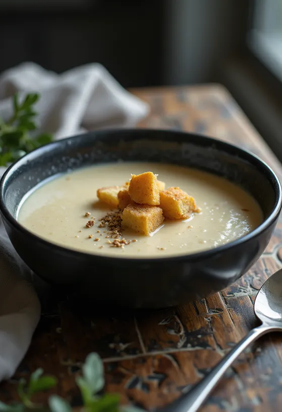 Roasted celeriac soup served with croutons