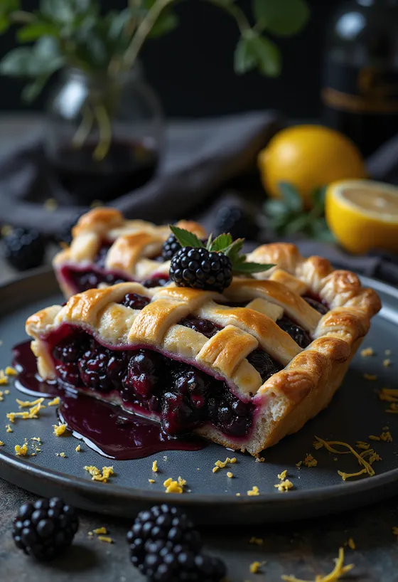 Blackberry pie with golden brown pastry and fresh blackberries