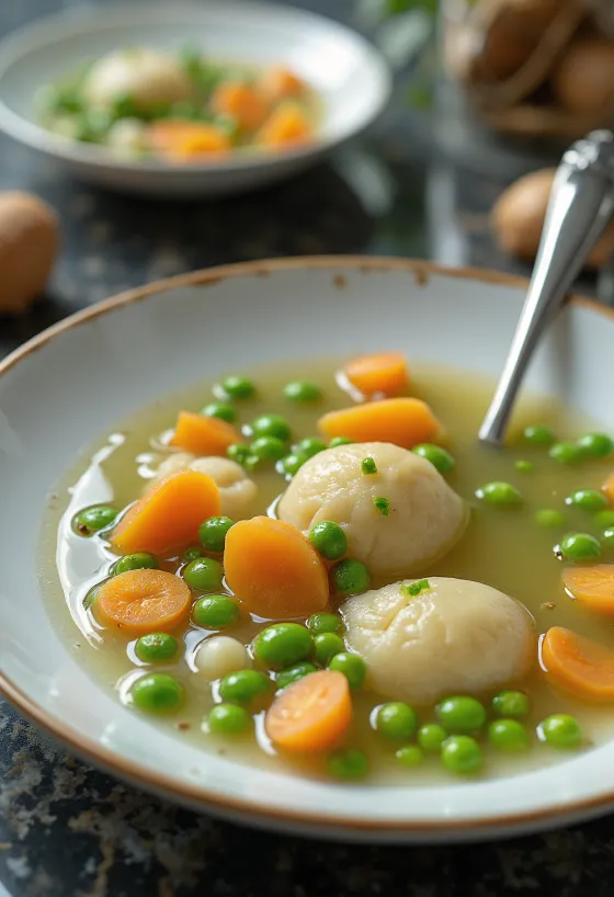 Fresh green pea soup with crunchy vegetables and parsley