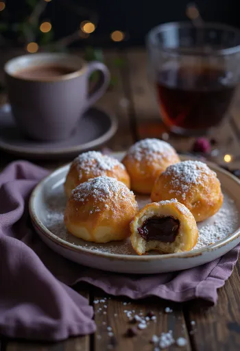 Freshly baked æbleskiver served with chocolate cream and icing sugar