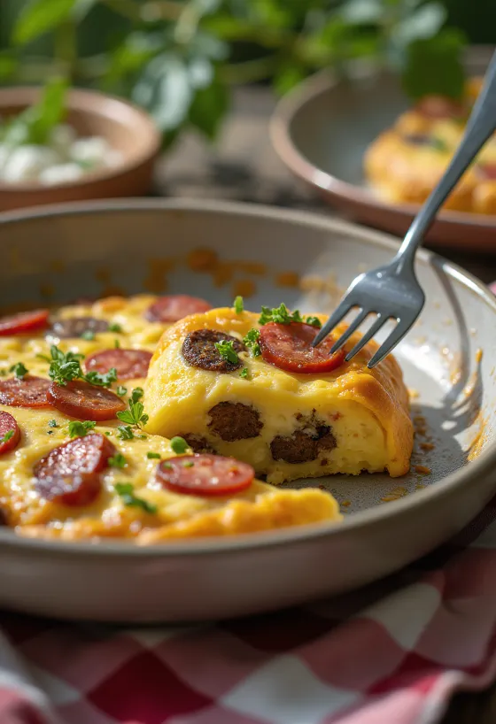 Black Pudding Frittata with sausage, served with toasted sausage and egg
