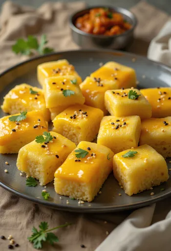 Cheese Dhokla served as golden brown, cheesy pieces with fresh spices