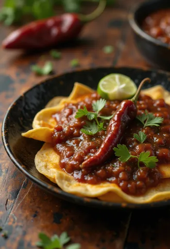 Chilaquiles with pasilla chilli sauce – with red sauce, crispy tortilla pieces, grated cheese and sour cream