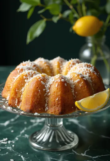 Lemon and coconut Bundt cake served on a plate