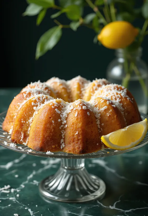 Lemon and coconut Bundt cake served on a plate