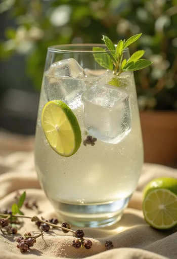 Gin Tonic decorated with lime slices and ice cubes