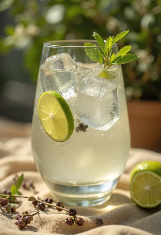 Gin Tonic decorated with lime slices and ice cubes