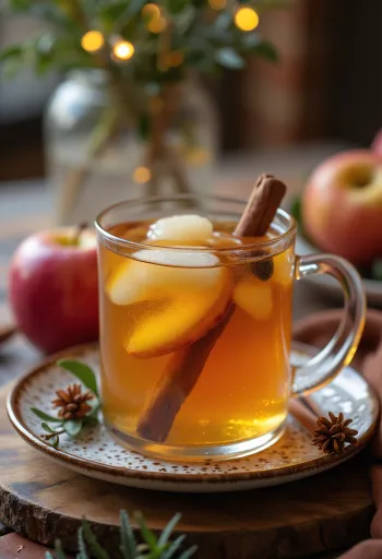 A glass of Christmas mulled cider with orange slice and cinnamon stick.