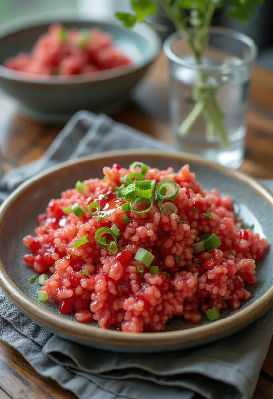 Kısır salad served with fresh parsley and pomegranate syrup