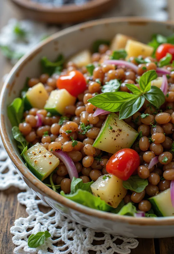 Lentil salad with balsamic vinegar and fresh vegetables