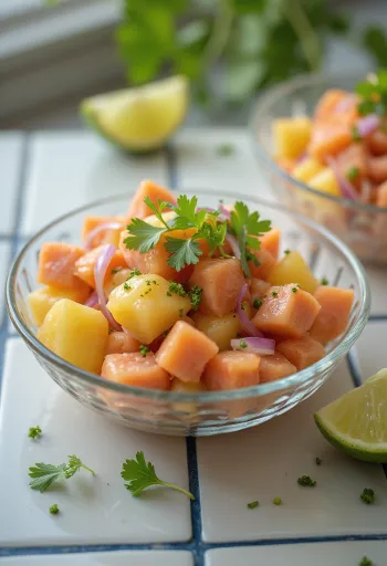 Lomi salmon with pineapple, fresh vegetables and piquant flavours