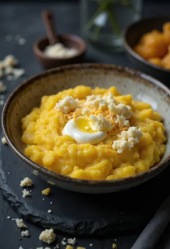 Freshly cooked, creamy polenta served with butter and cheese on a wooden tray.