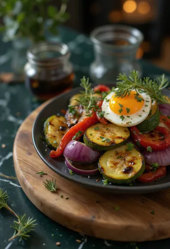 Roasted vegetables with balsamic vinegar served