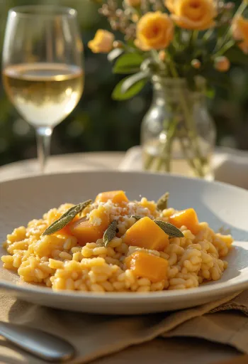 Creamy pumpkin risotto sprinkled with fresh Parmesan