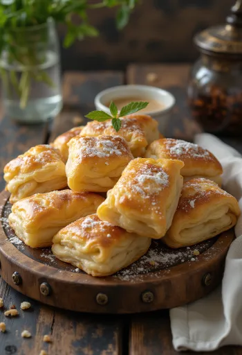 Curd cheese bundles baked golden brown, sprinkled with icing sugar, with soft curd filling