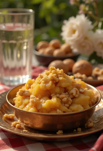 Aate ka Halwa with rich spicy flavours, roasted nuts and rose water