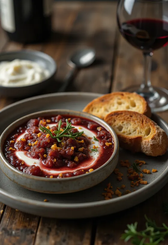 Bagna cauda with red wine, garlic fish sauce served with parsley
