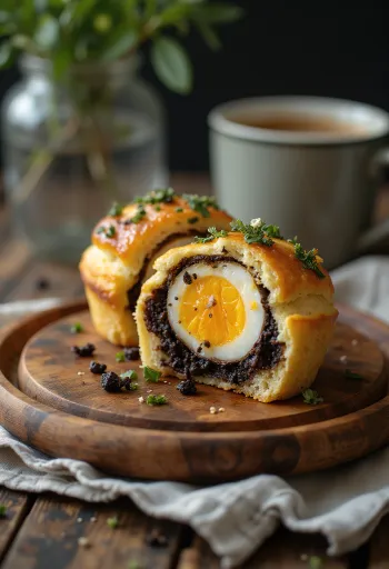 Black pudding egg muffin, topped with shiny egg