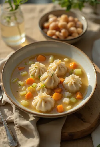 Chuchvara in soup, served with stuffed dumplings and fresh parsley